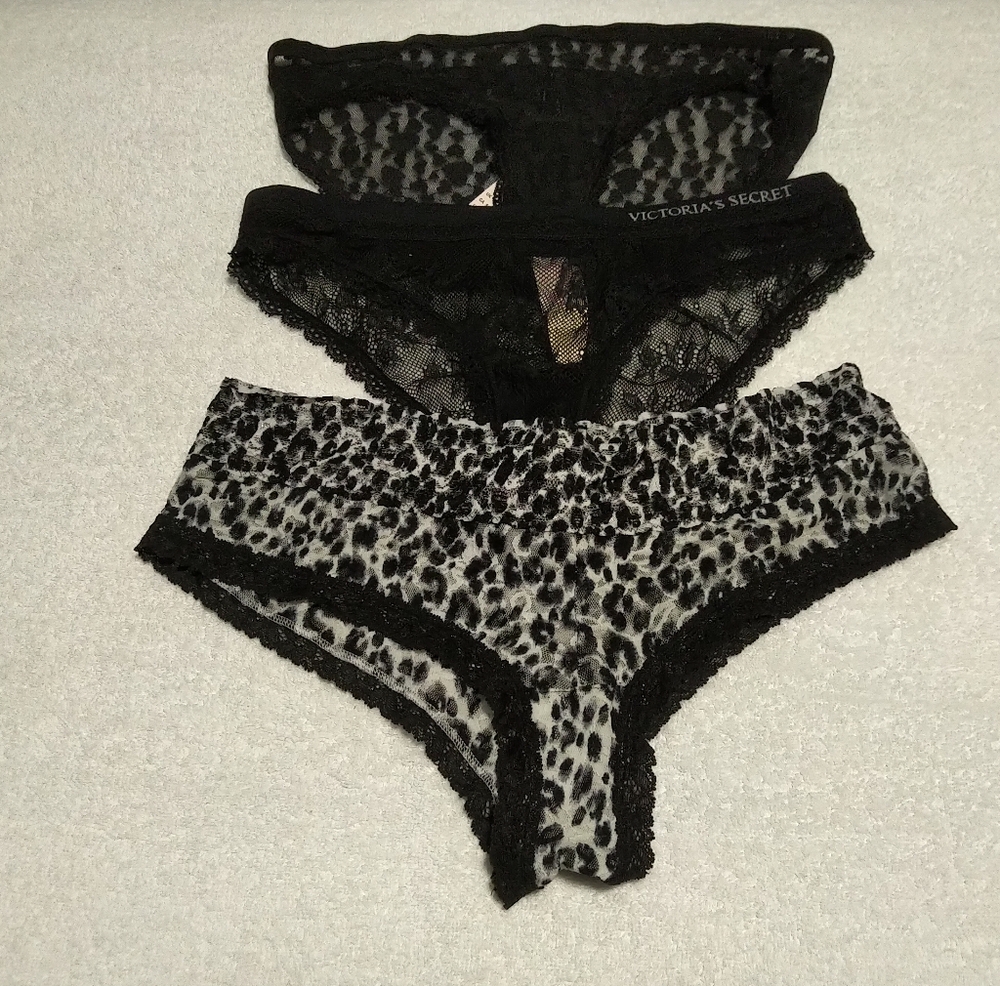 NEW Victoria's Secret Black and Leopard Lace Panty Bundle